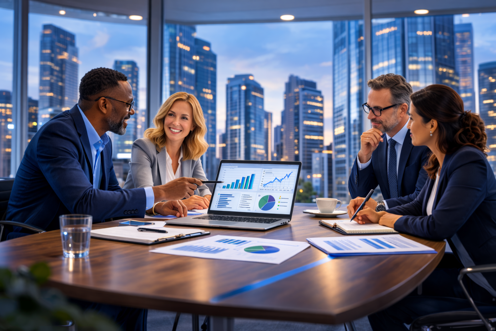 Four people gather around a table in a conference room reviewing charts and graphs on a laptop screen